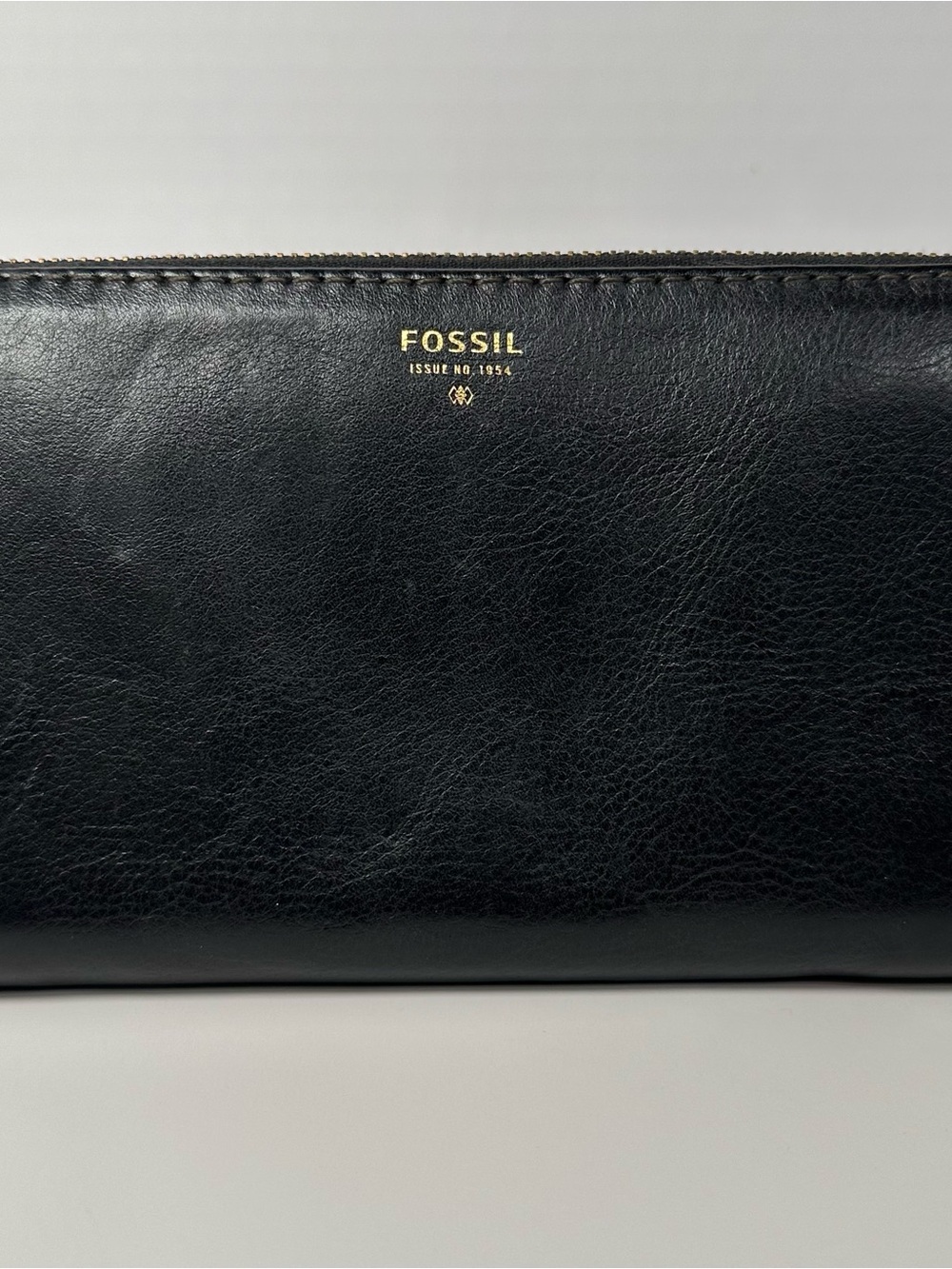 Fossil Black Leather Zip Wallet with Gold Logo Green Inside